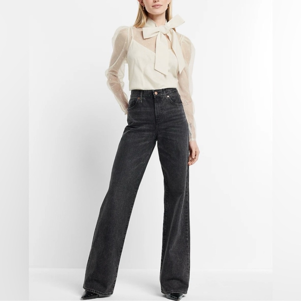 Express Tulle Polka Dot Tie Mock Neck Puff Sleeve Top